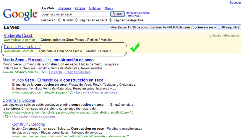 Posicionamiento Web del sitio www.kuplack.com.ar