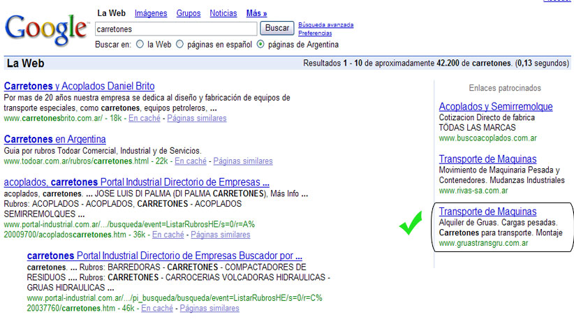 Posicionamiento Web del sitio www.gruastransgru.com.ar